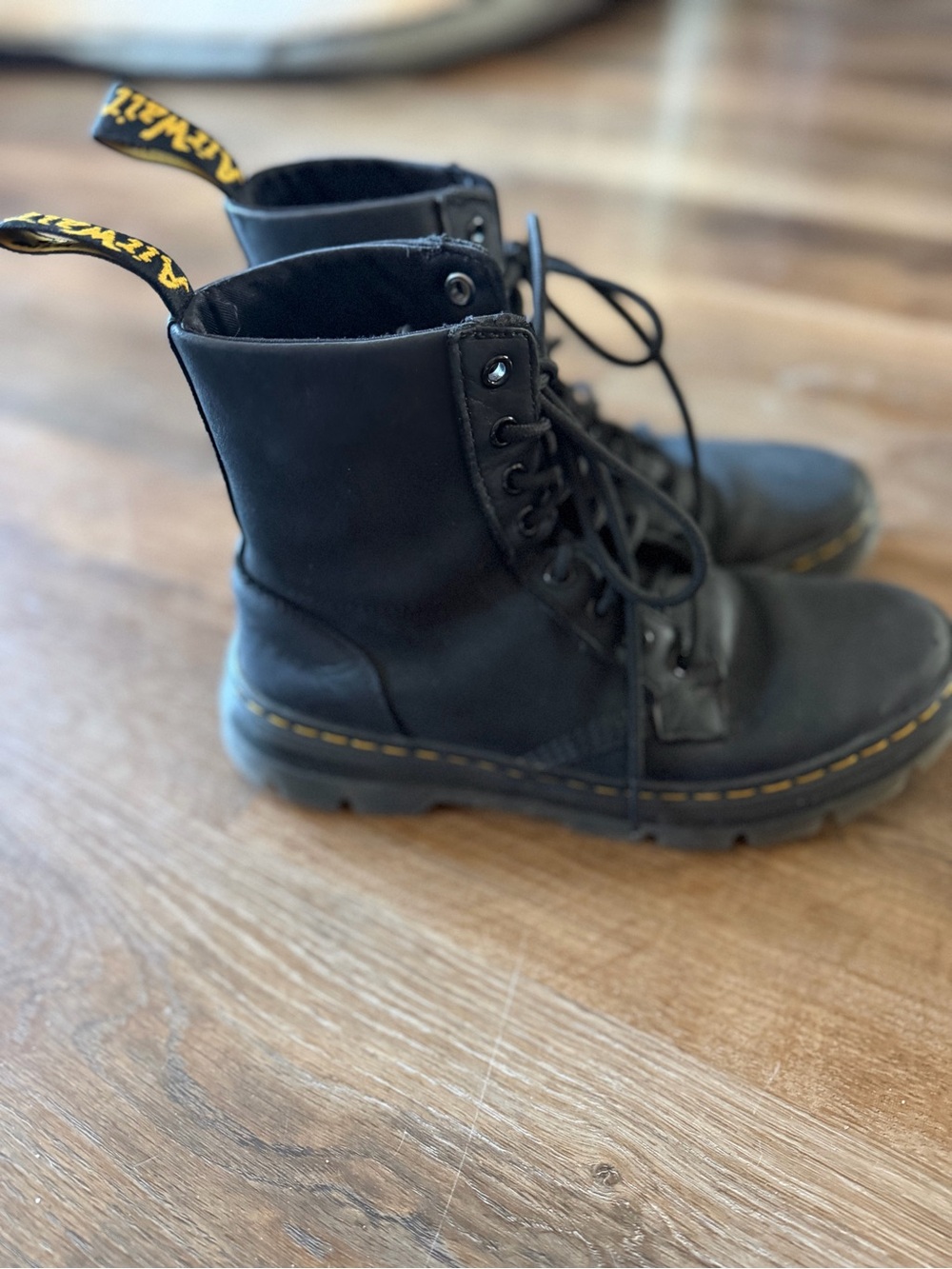 Dr. Martens Black Leather Boots with Yellow Pull Loop